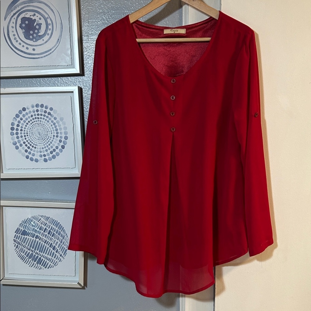Cestyle Women’s Elegant Red Blouse with Button Detail Size M